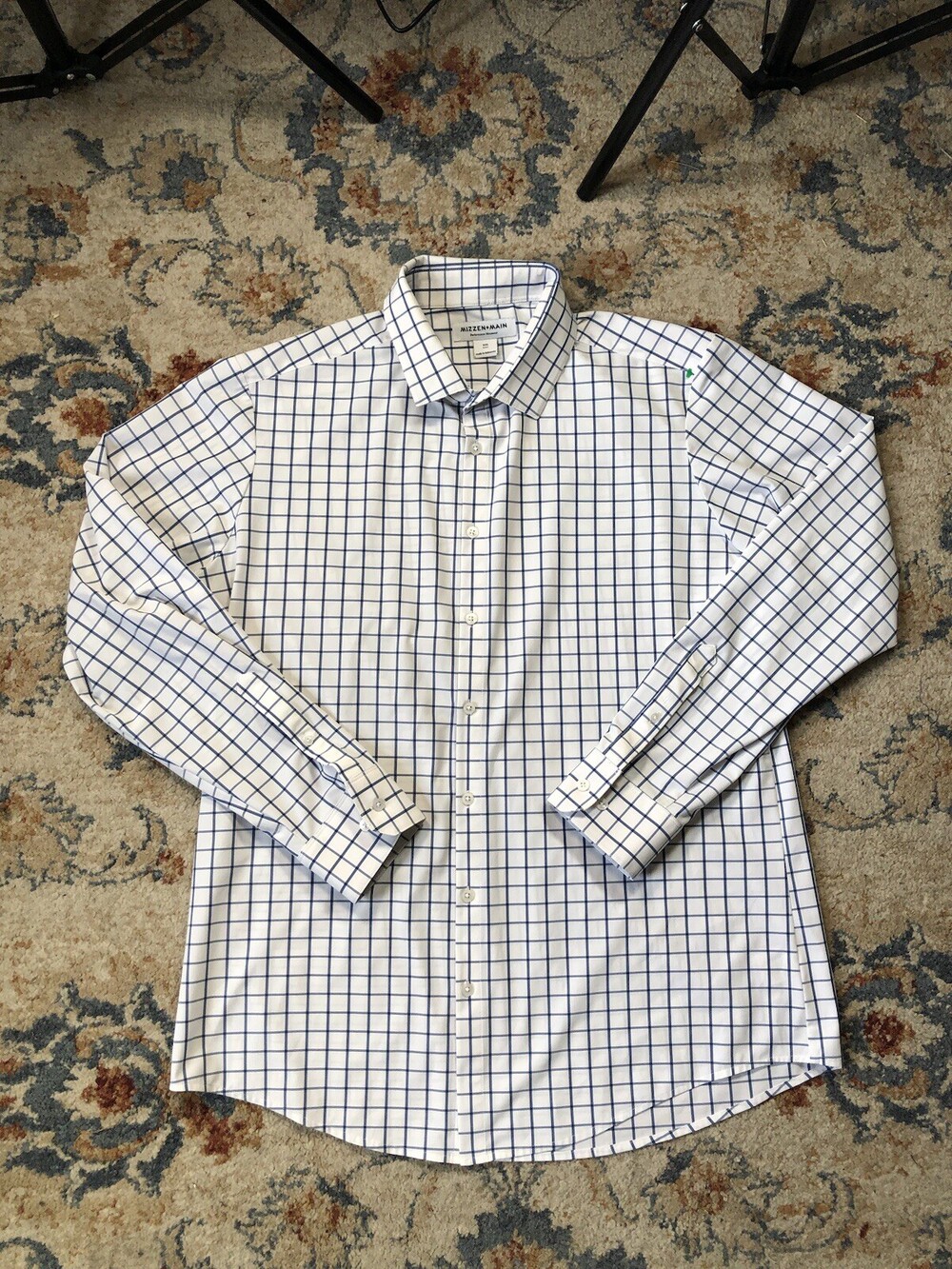 Mizzen Main Performance Shirt Mens 2XL Trim Button Up White Gingham Plaid Golf